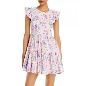 AQUA Rose Eyelet Mini Dress Pink Blue Floral Women's Size Large Cottage core EUC